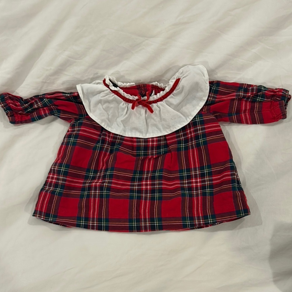 Janie Jack Holiday Plaid Baby Dress with White Collar Velvet Bow Tartan